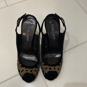 Ralph Lauren Collection black velvet peep toe slingbacks. Size 6.5.